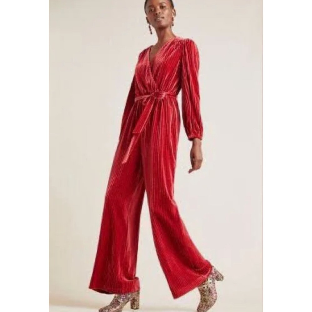 Anthropologie Samantha Velvet Jumpsuit NWT size S‎ Red Chich Boho